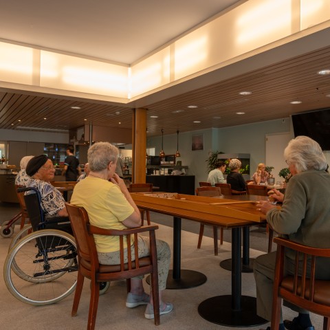 bewoners gezellig aan het sjoelen